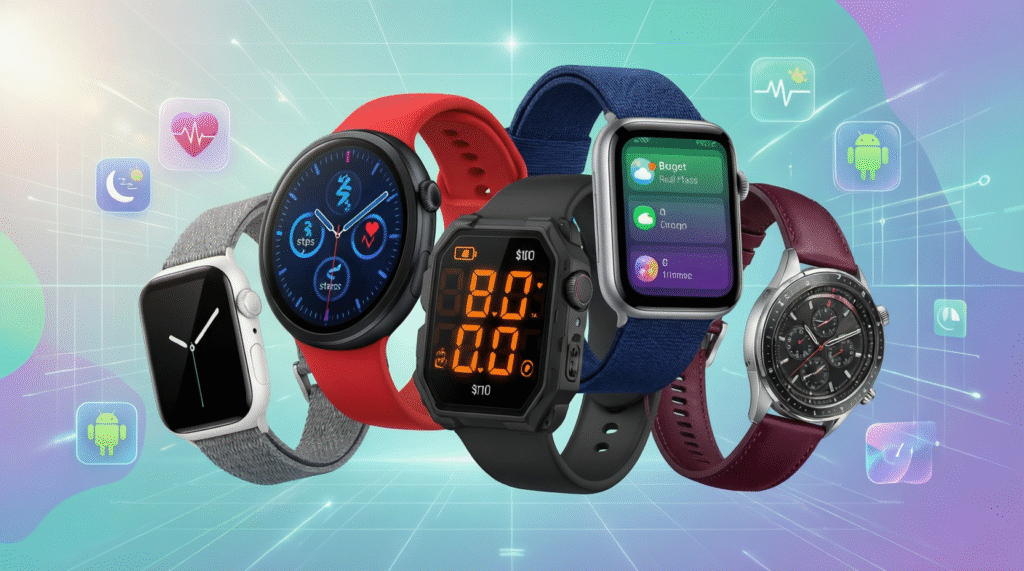 Collage of the best smartwatches under $100 showing fitness-focused and Android-compatible models with colorful watch faces