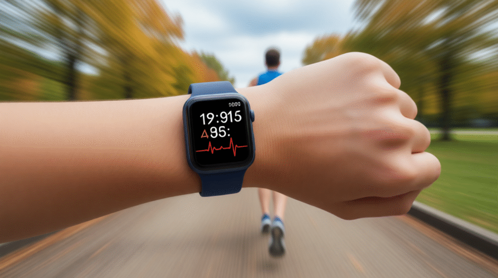 Fitness-focused smartwatch under $100 on wrist displaying step count, heart rate, and sleep tracking during jogging