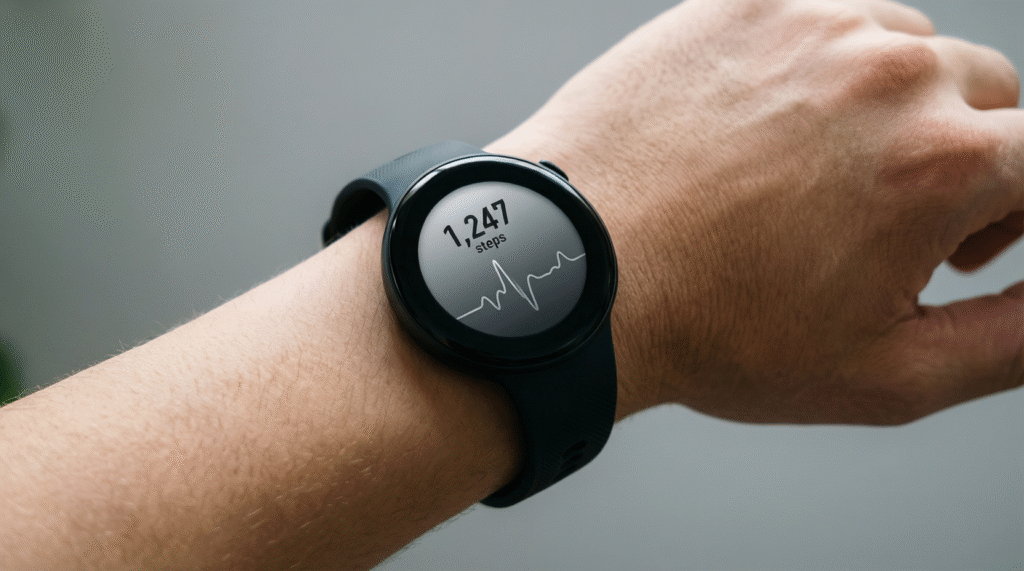 Minimalist hybrid fitness tracker smartwatch under $100 on wrist showing step tracking and heart rate trends.