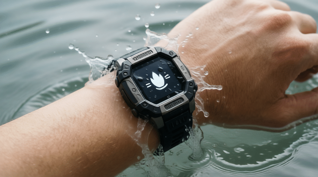 Rugged waterproof smartwatch under $100 partially submerged in water, showcasing durability and IP67/IP68 resistance.