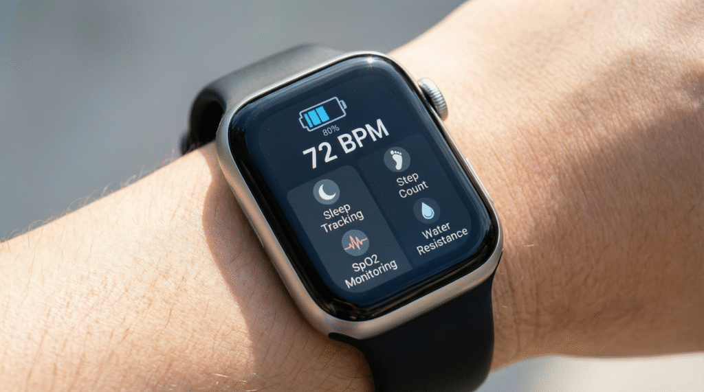 Smartwatch under $100 displaying AMOLED screen, battery status, and heart rate, highlighting key features for budget buyers.