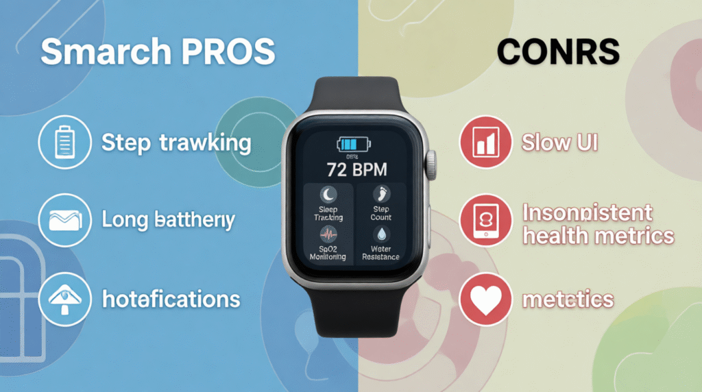Visual pros and cons of the best smartwatches under $100: step tracking, battery life, notifications vs slow UI, inconsistent health metrics.