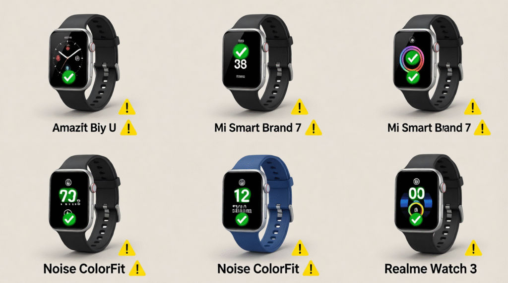 Montage of best smartwatches under $100 with checkmarks for recommended features and warning signs for trade-offs, summarizing key buying advice.